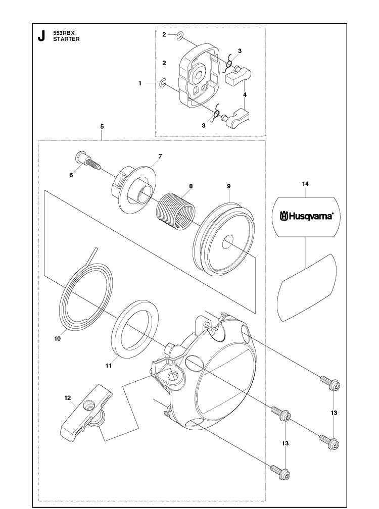 Starter Diagram and Parts List for 553RBX 20123200001-20180500000 Husqvarna Brush Cutter
