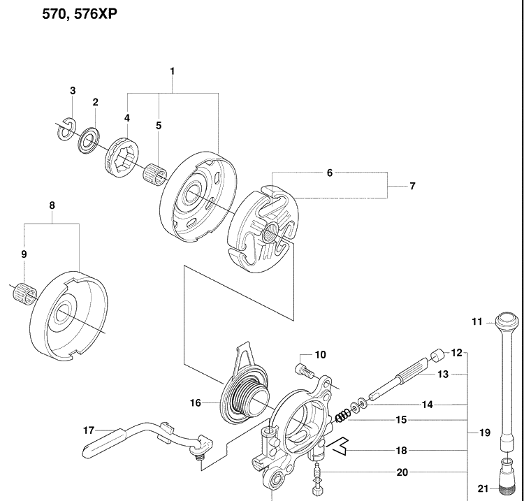 Clutch / Drum / Oiler Diagram and Parts List for 570EPA 2009-01 Husqvarna Chainsaw