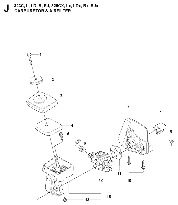 Carburetor And Air Filter Diagram and Parts List for 325LDX 20080900001-Current Husqvarna Edger