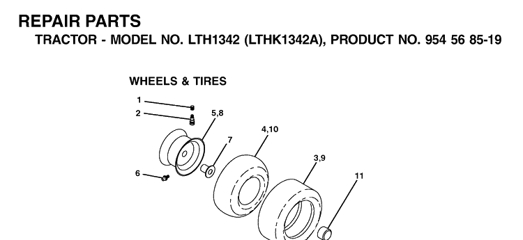 Wheels And Tires Diagram and Parts List for LTH1342-LTHK1342A 2002-01 Husqvarna Lawn Tractor