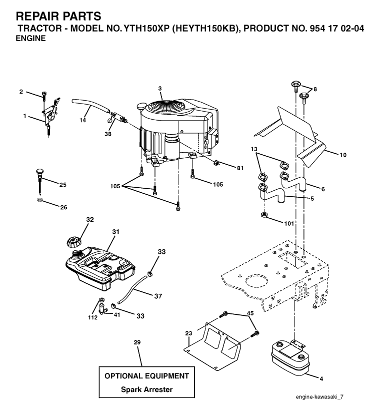 Engine Diagram and Parts List for YTH150XP (HEYTH150KB)(2004-01) Husqvarna Lawn Tractor