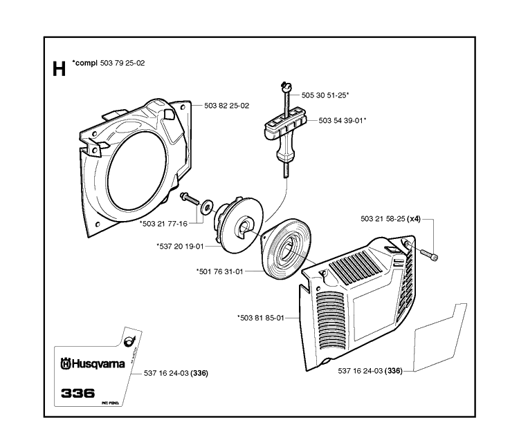 Starter Diagram and Parts List for 336 20034000001-20040100000 Husqvarna Chainsaw