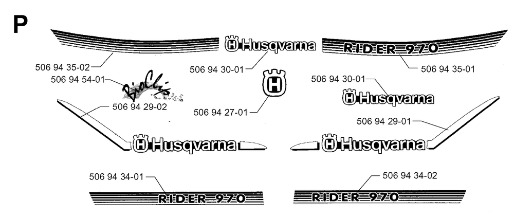Decals Diagram and Parts List for R970 1997-03 Husqvarna Lawn Tractor