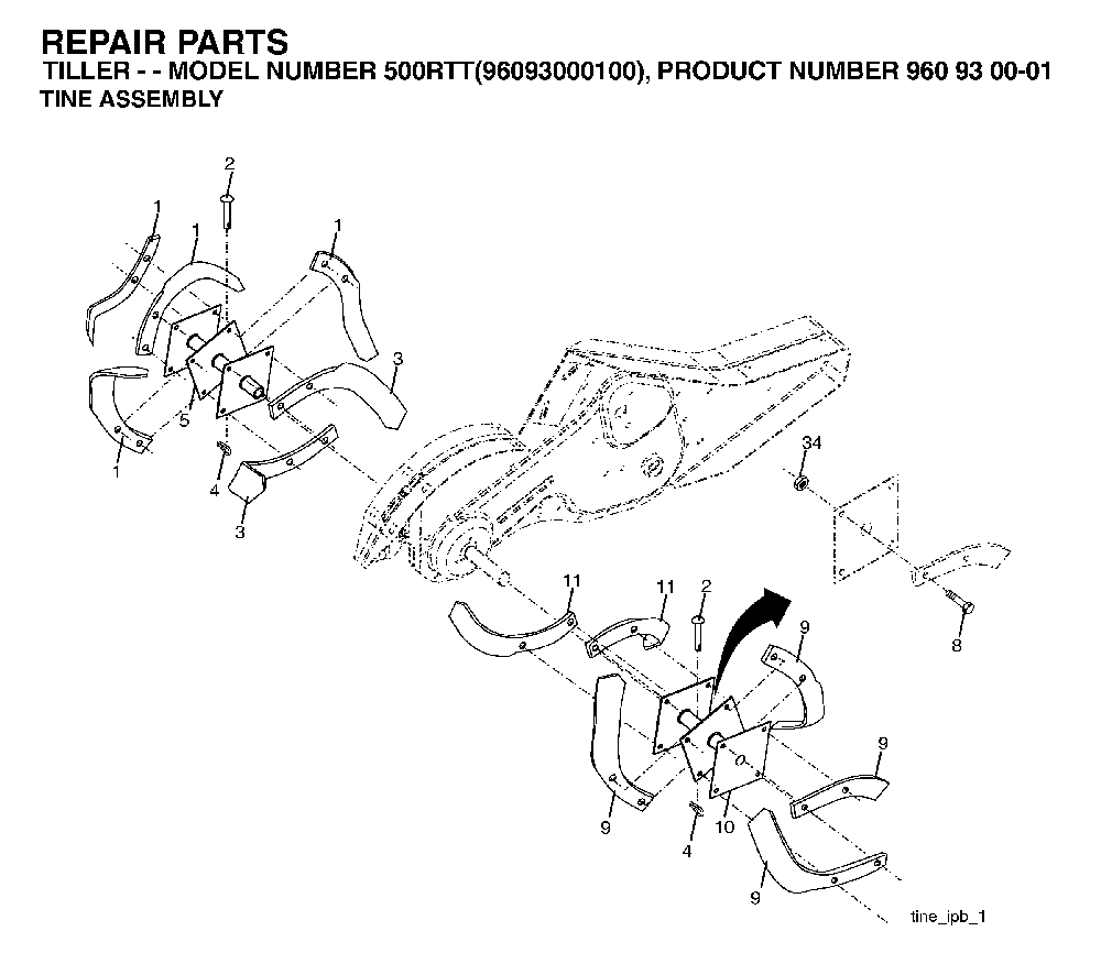 Tine Assembly Diagram and Parts List for 500RTT (96093000100)(2004-11) Husqvarna Tiller