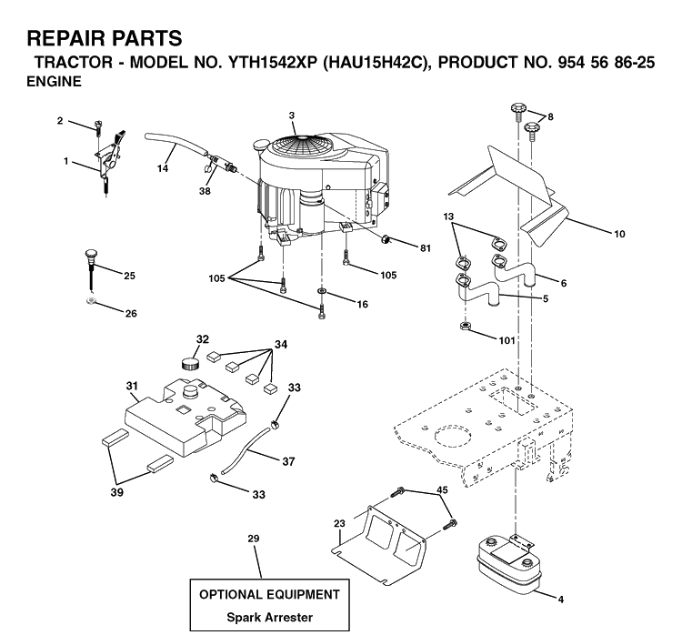 Engine Diagram and Parts List for YTH1542XP (HAU15H42C)(2003-01) Husqvarna Lawn Tractor