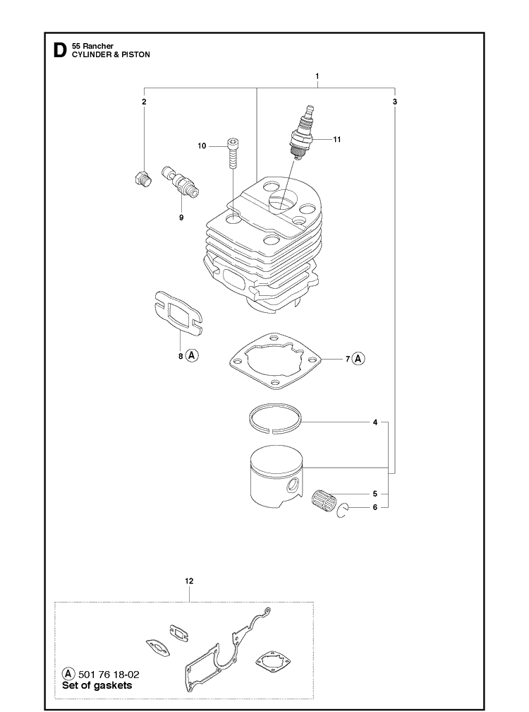 Cylinder Piston Diagram and Parts List for 55 (RANCHER)(20101400001-Current) Husqvarna Chainsaw