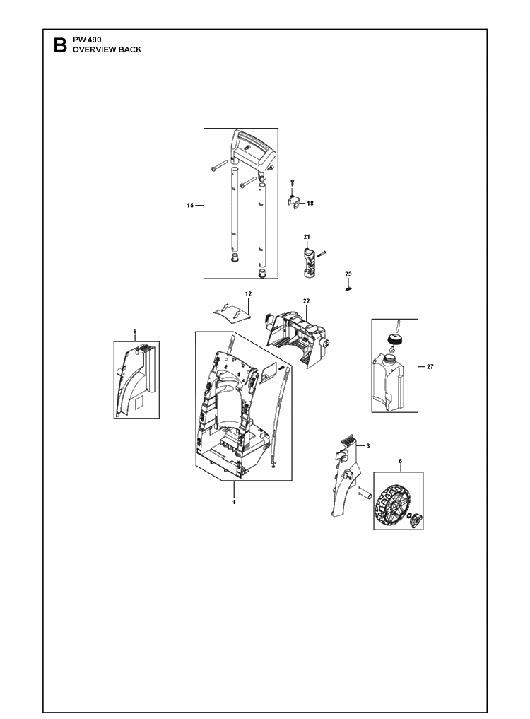 Overview Back Diagram and Parts List for PW490 (970468401)(2021-01) Husqvarna Pressure Washer