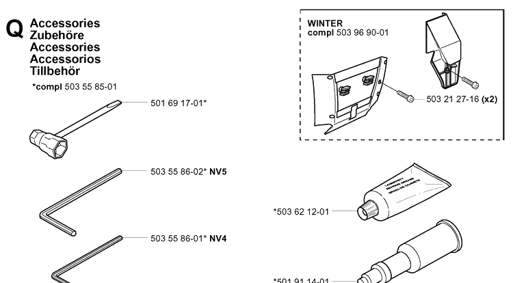 Accessories Diagram and Parts List for 365 20034400001-20051800000 Husqvarna Chainsaw