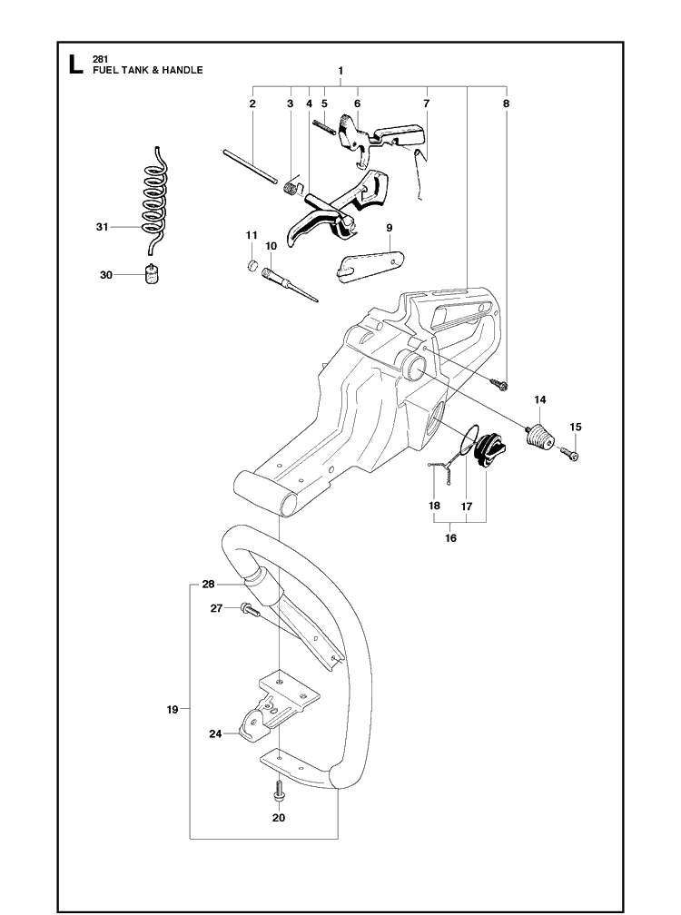 Fuel Tank And Handle Diagram and Parts List for 281XP  Husqvarna Chainsaw