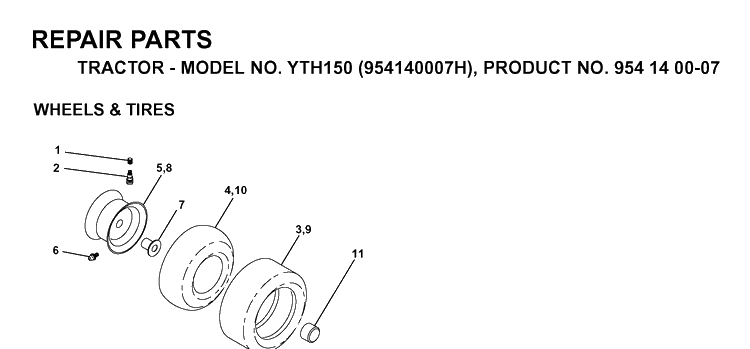 Wheels And Tires Diagram and Parts List for YTH150 (954140007H)(1998-09) Husqvarna Lawn Tractor