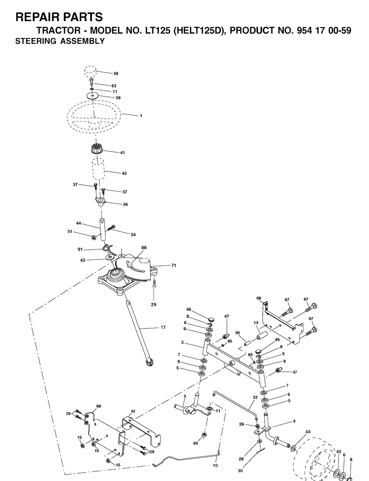 Steering Diagram and Parts List for LT125 (HELT125D)(2002-06) Husqvarna Lawn Tractor