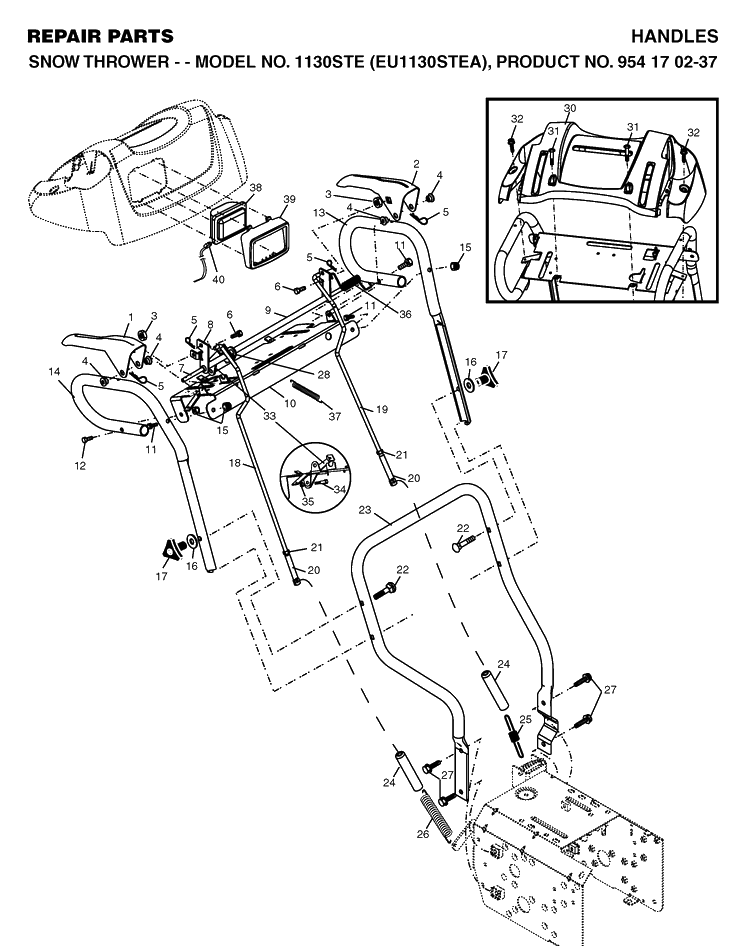 Handle Diagram and Parts List for 1130STE (EU1130STEA)(2004-09) Husqvarna Snow Blower