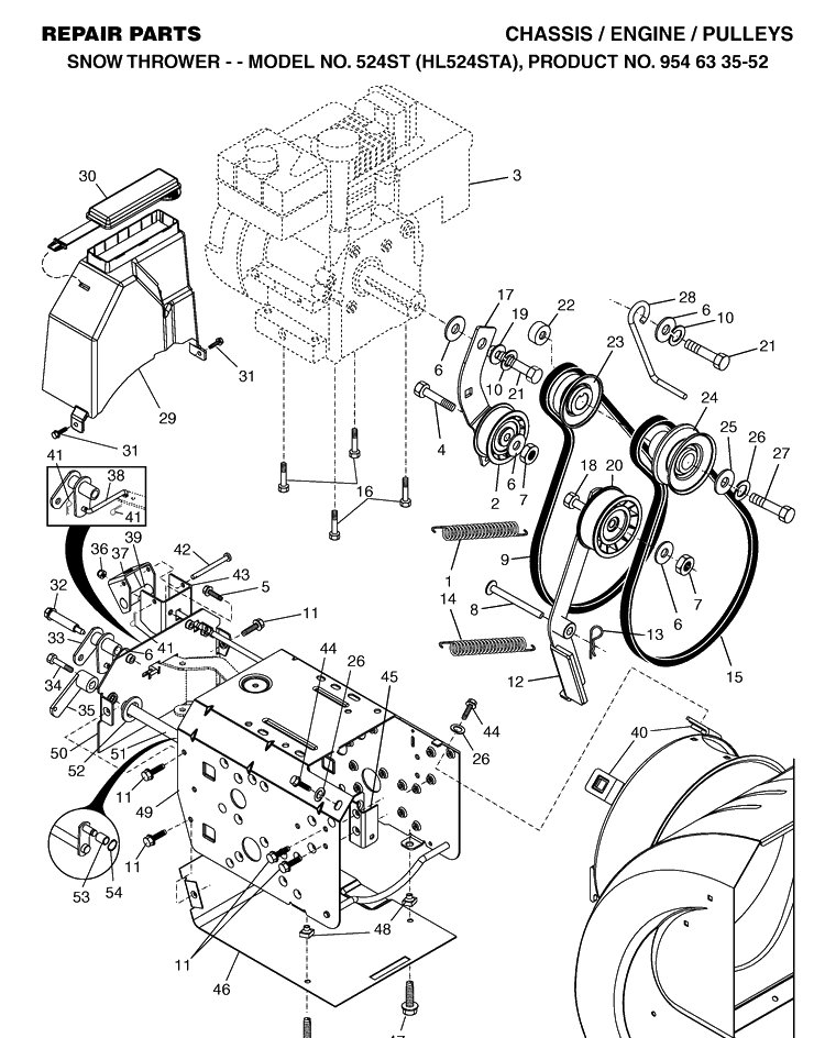 Chassis, Engine And Pulleys Diagram and Parts List for 524ST (HL524STA)(2004-03) Husqvarna Snow Blower