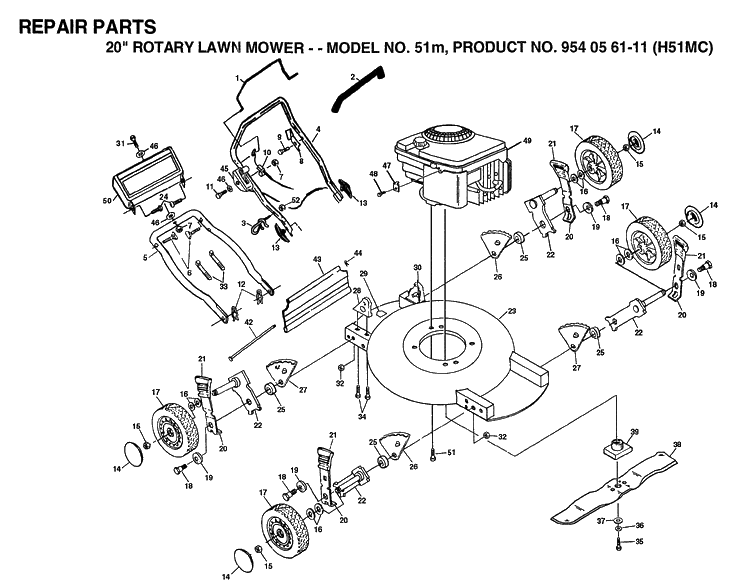 Product Complete Diagram and Parts List for 51M (954056111)(1992-08) Husqvarna Lawn Mower