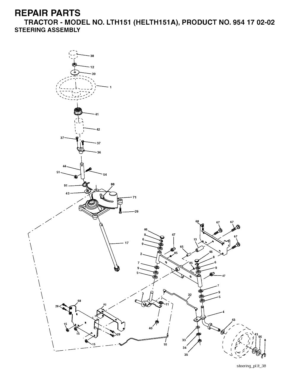 Steering Diagram and Parts List for LTH151 (954170202-A)(2004-01) Husqvarna Lawn Tractor