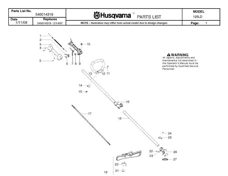 Shaft And Handle Diagram and Parts List for 125LD 20082200001-Current Husqvarna Edger