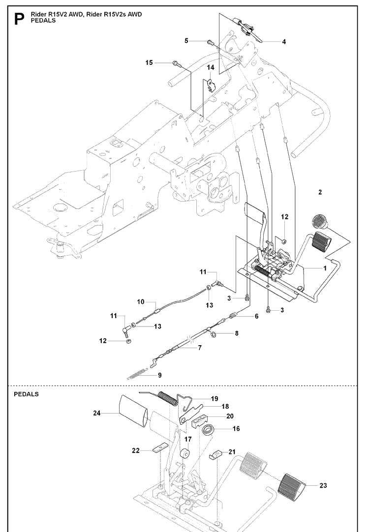 Pedals Diagram and Parts List for RIDER15V2AWD (965200901)(2009-04) Husqvarna Lawn Mower
