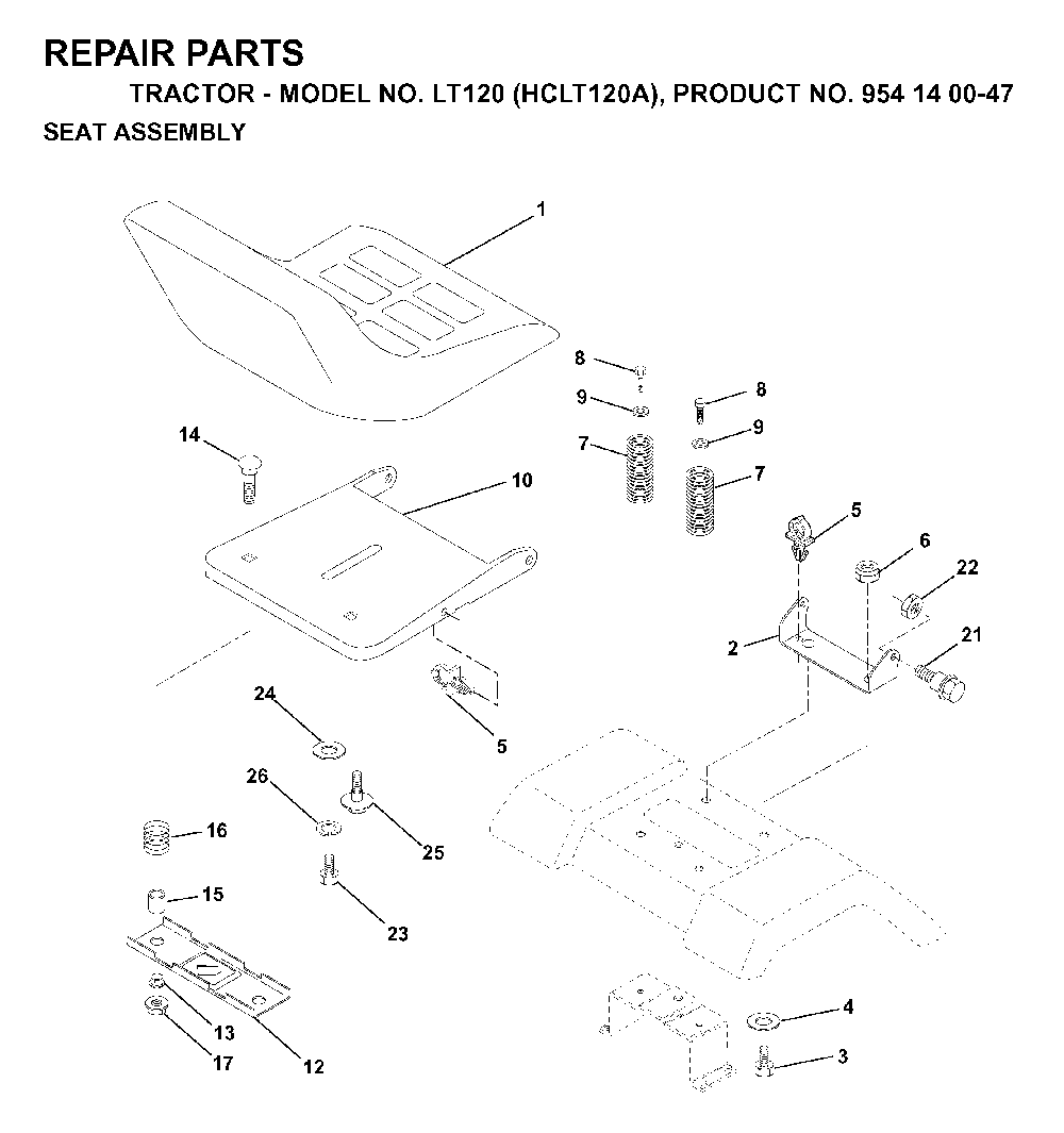 Seat Diagram and Parts List for LT120 (HCLT120A, 954140047)(1998-01) Husqvarna Lawn Tractor