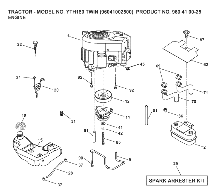 Engine Diagram and Parts List for YTH180 (96041002500)(2007-02) Husqvarna Lawn Tractor