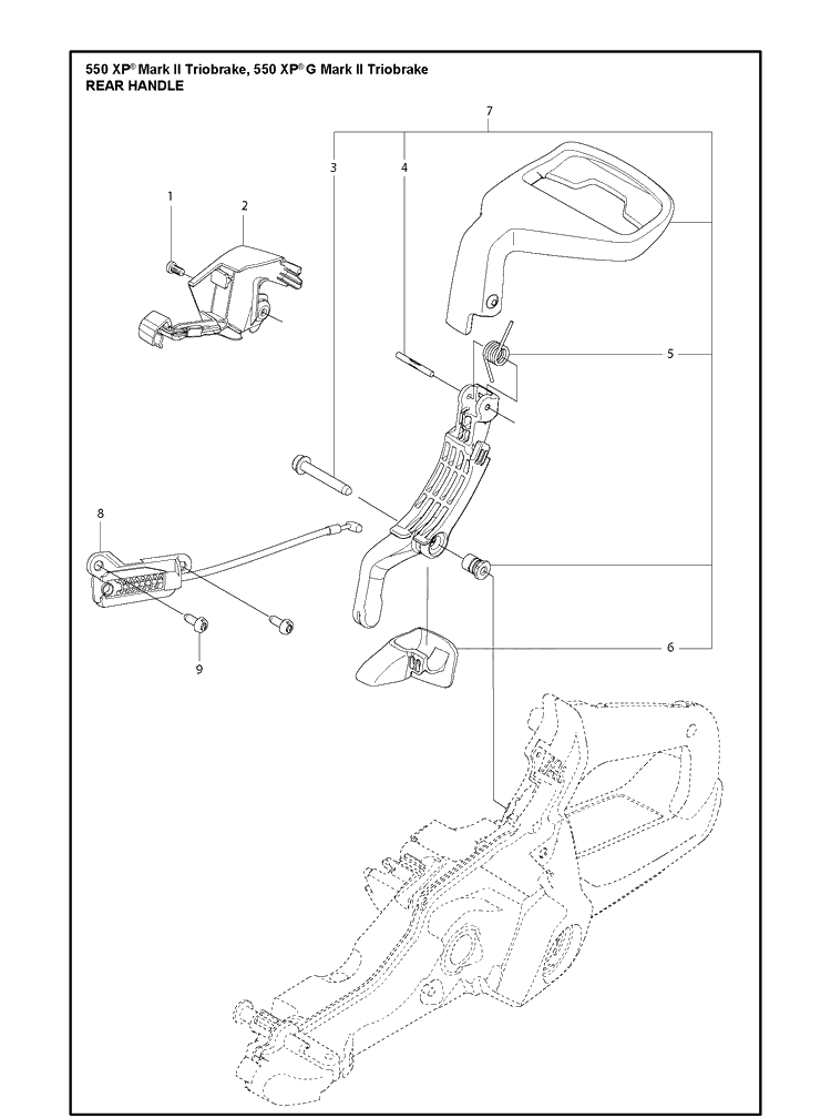 Rear Handle Diagram and Parts List for 550XP-MARKIITRIOBRAKE 550 XP - G Mark II Triobrake Husqvarna Chainsaw