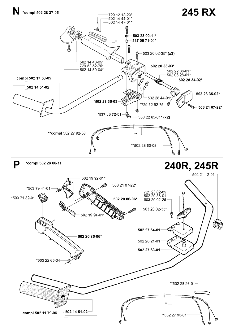 Handle And Controls Diagram and Parts List for 245 20010100001-Current Husqvarna Brush Cutter
