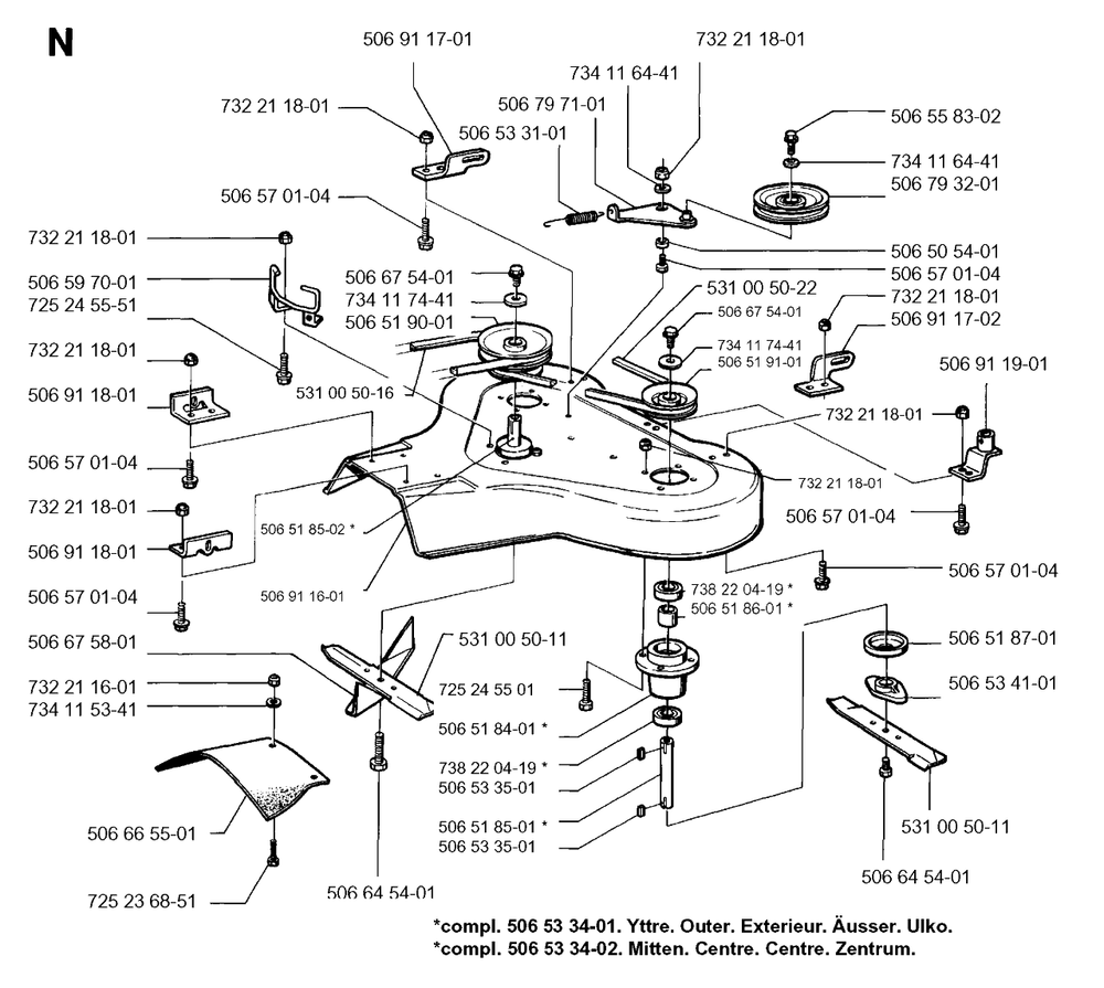 85cm Cutting Deck Diagram and Parts List for R850 1996-01 Husqvarna Lawn Tractor