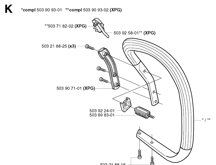 Handle Diagram and Parts List for 353 20023500001-20041000000 Husqvarna Chainsaw