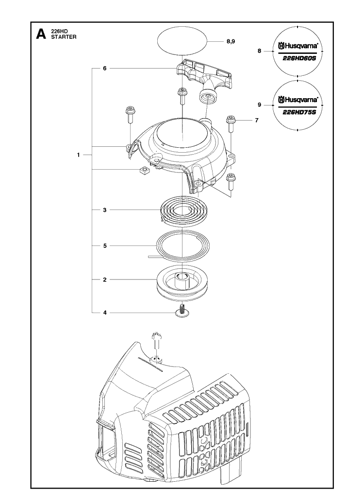 Starter Diagram and Parts List for 226HD60S (967279801)(20180500001-Current) Husqvarna Hedge Trimmer