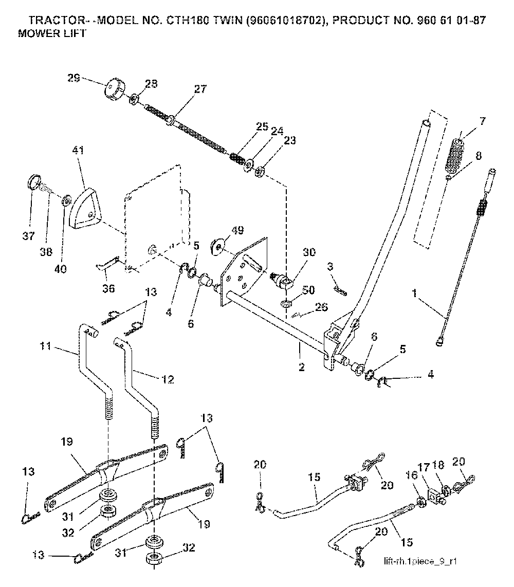Mower Lift / Deck Lift Diagram and Parts List for CTH180TWIN (96061018702, 960610187)(2007-09) Husqvarna Lawn Tractor