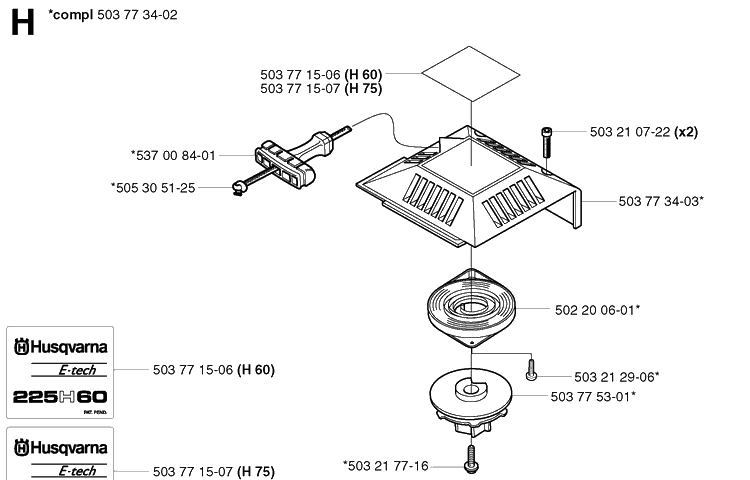 Starter Diagram and Parts List for 225H75 20022200001-Current Husqvarna Hedge Trimmer