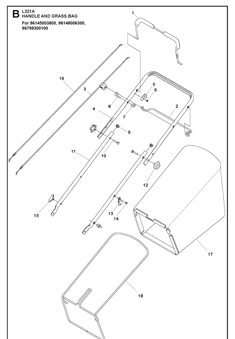 Handle 2 Diagram and Parts List for L221A  Husqvarna Lawn Mower