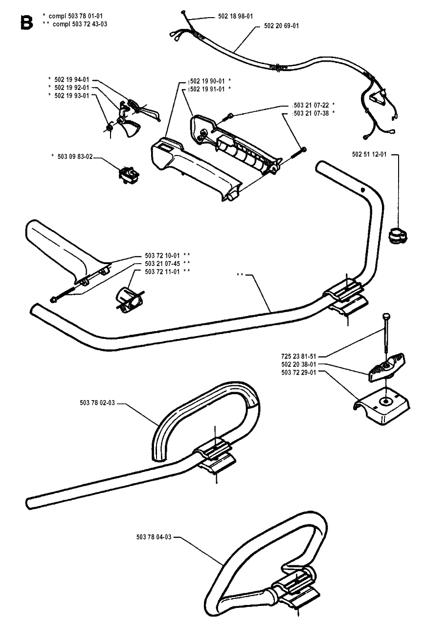 Handle And Controls Diagram and Parts List for 225RD 19942300001 - 19951000000 Husqvarna Trimmer