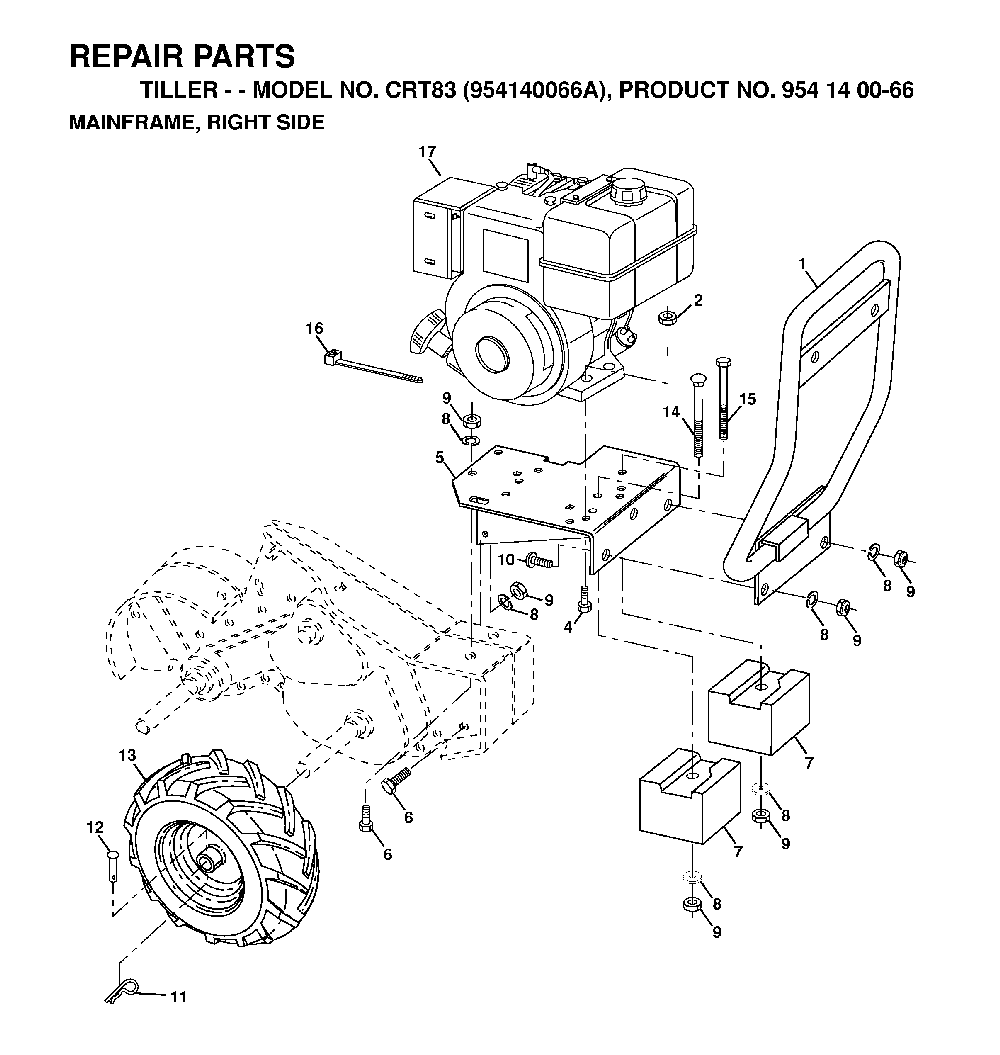 Mainframe, Right Side Diagram and Parts List for CRT83 (954140066A)(1998-02) Husqvarna Tiller