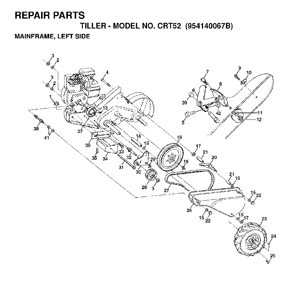Mainframe, Left Side Diagram and Parts List for CRT52 (954140067B)(1998-07) Husqvarna Tiller