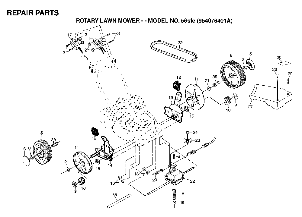 Repair Parts Diagram and Parts List for 56SFE (954076401A)(1995-09) Husqvarna Lawn Mower
