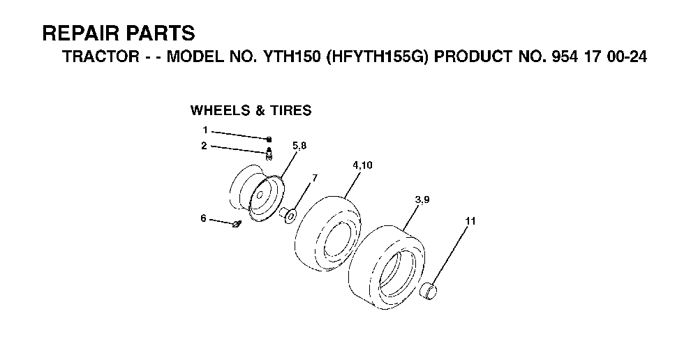 Wheels And Tires Diagram and Parts List for YTH150 (HFYTH155G, 954170024)(2001-01) Husqvarna Lawn Tractor