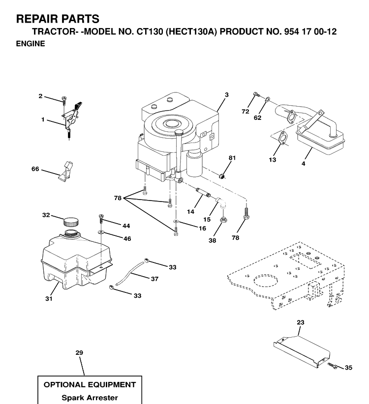 Engine And Cutting Equipment Diagram and Parts List for CT130 (HECT130A)(1999-03) Husqvarna Lawn Tractor