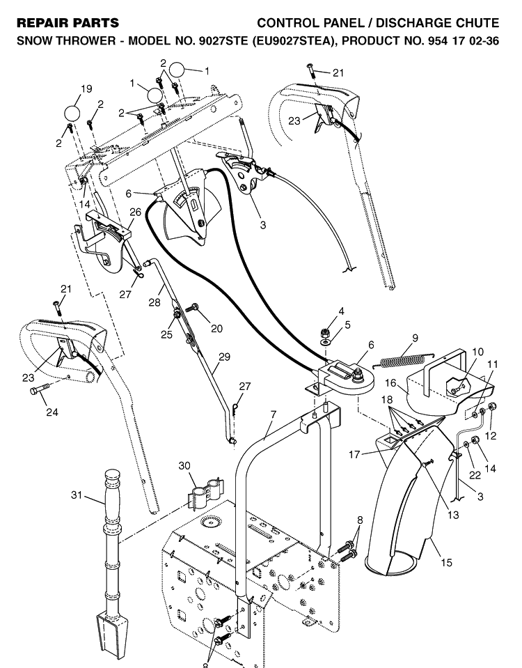 Control Panel And Discharge Chute Diagram and Parts List for 9027STE (EU9027STEA)(2004-09) Husqvarna Snow Blower