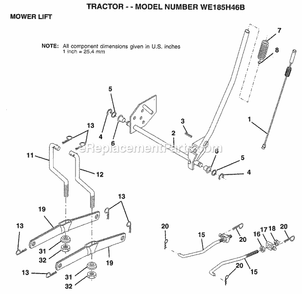 Mower Lift Diagram and Parts List for WE185H46B 1998 Husqvarna Lawn Tractor