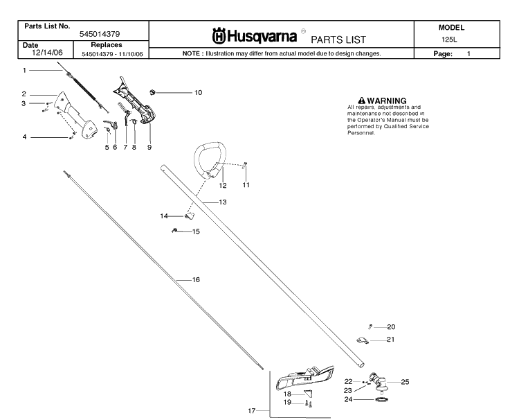 Handle And Controls Diagram and Parts List for 125L 20071300001-20082200000 Husqvarna Edger