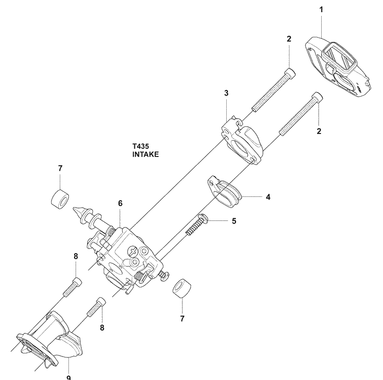 Carburetor, Intake Diagram and Parts List for T435 2009-02 Husqvarna Chainsaw