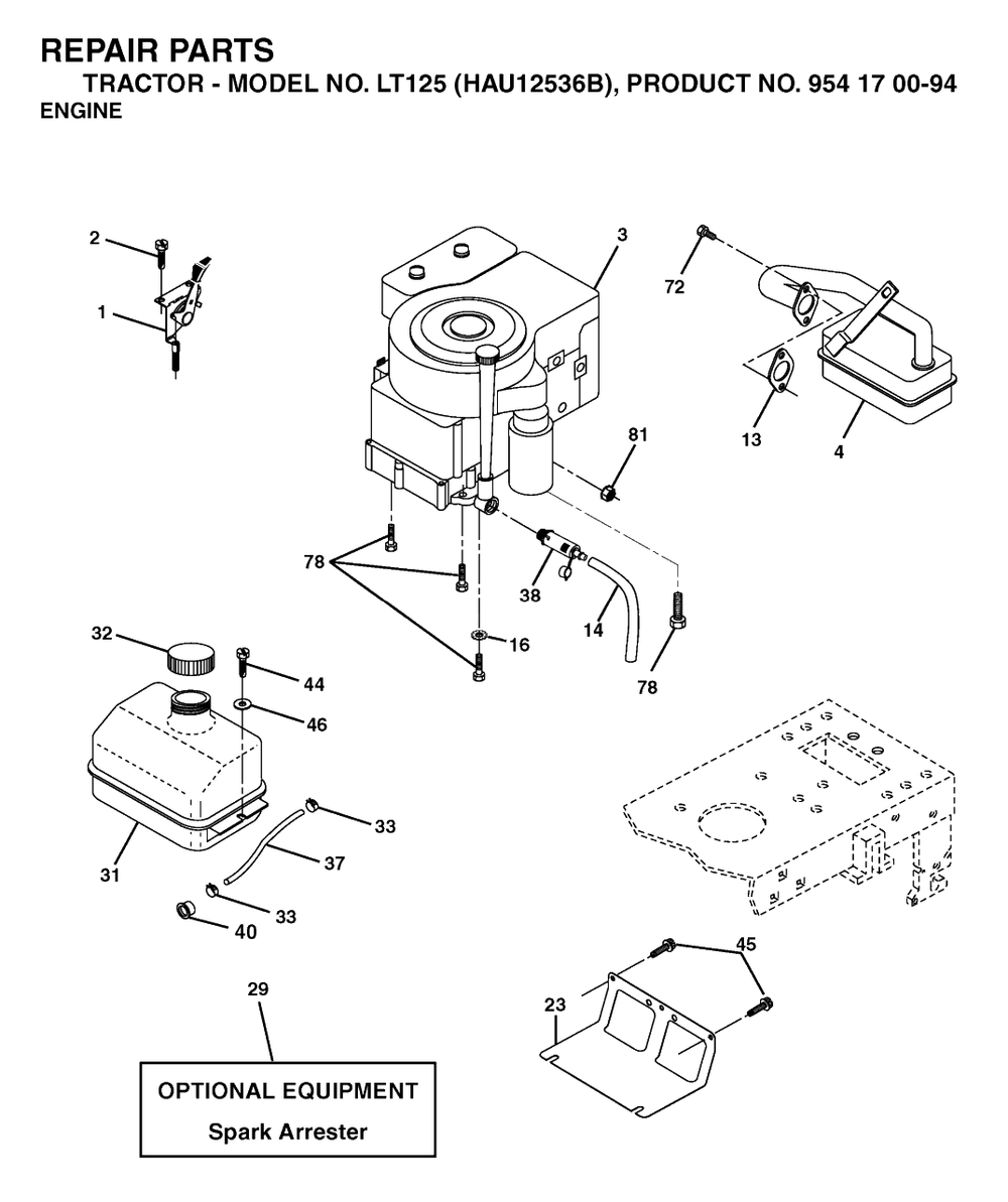 Engine Diagram and Parts List for LT125 (954170094-B)(2003-01) Husqvarna Lawn Tractor