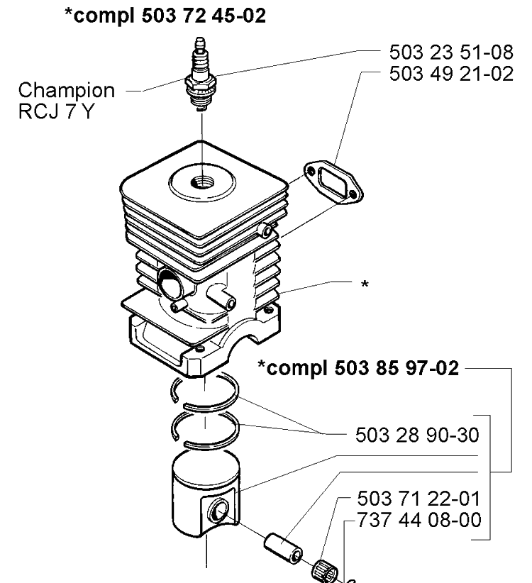 Cylinder And Piston Assembly Diagram and Parts List for 225 (Lite)(106252061)(1998-12) Husqvarna Trimmer