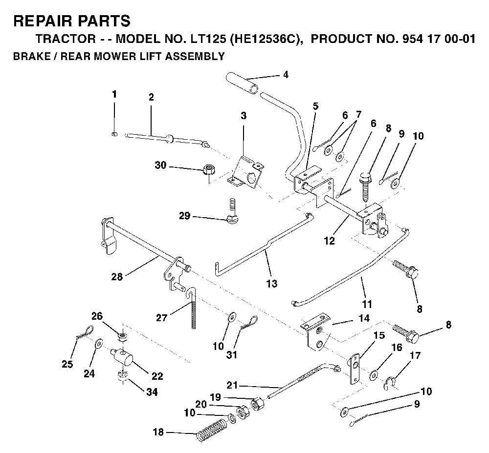 Brake / Rear Mower Lift Diagram and Parts List for LT125 (HE12536C, 954170001)(1996-01) Husqvarna Lawn Tractor
