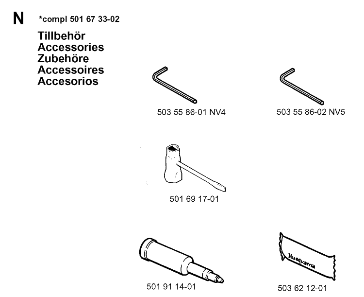 Accessories Diagram and Parts List for 262XP 19981400001-19992300000 Husqvarna Chainsaw