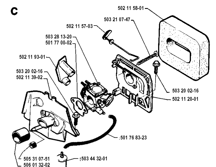 Carburetor And Air Filter Diagram and Parts List for 245RX 19941400001-19962200000 Husqvarna Brush Cutter