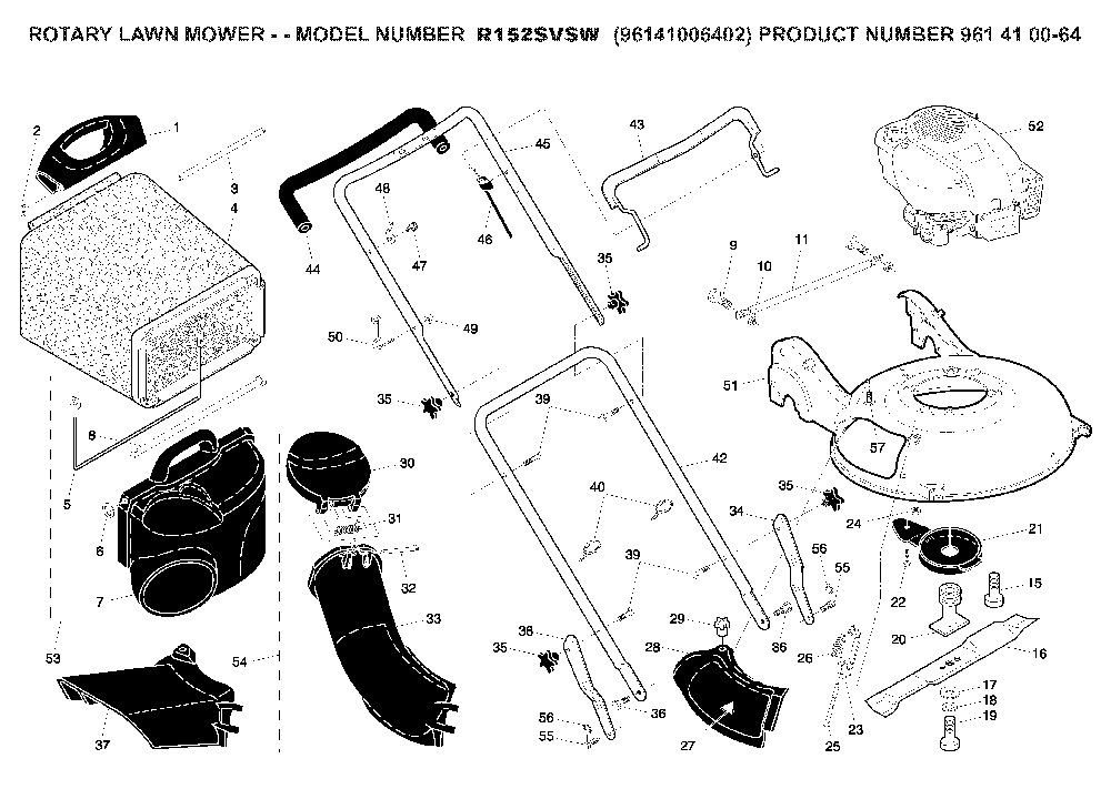 Product Complete Diagram and Parts List for R152SVSW (96141006402, 961410064)(2008-02) Husqvarna Lawn Mower
