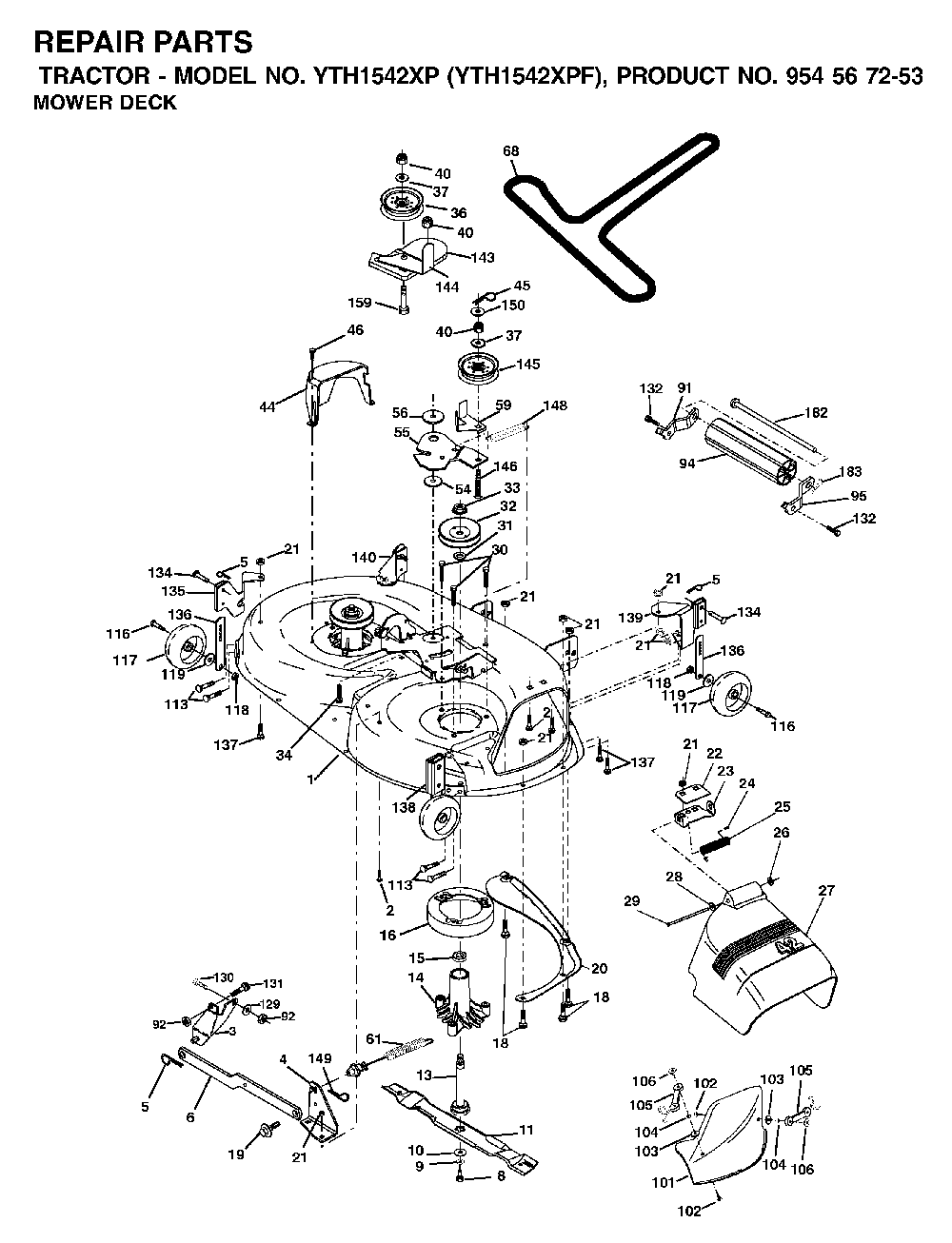 Mower Deck / Cutting Deck Diagram and Parts List for YTH1542XPF (954567253)(2002-03) Husqvarna Lawn Tractor
