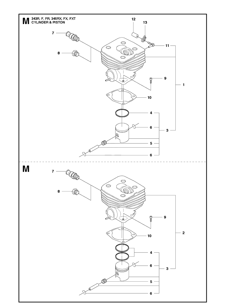 Cylinder Piston Diagram and Parts List for 343F  Husqvarna Brush Cutter