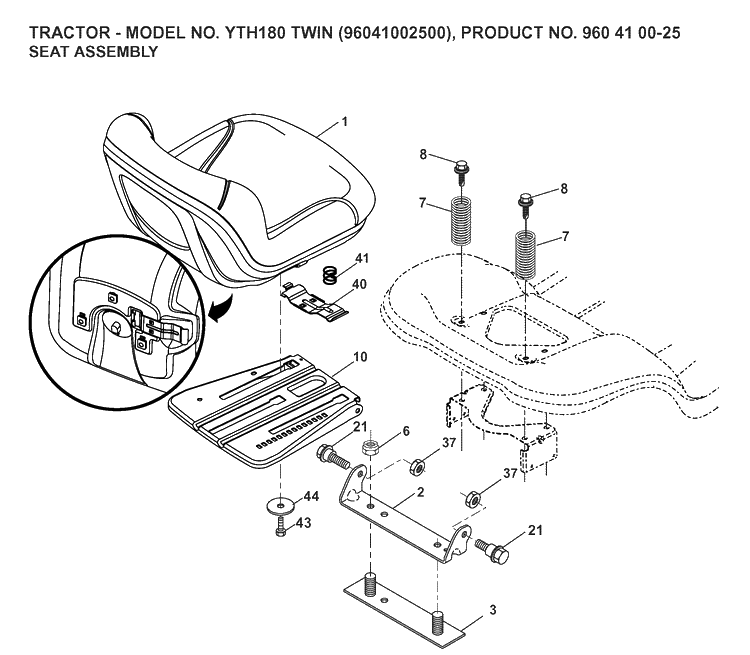 Seat Diagram and Parts List for YTH180 (96041002500)(2007-02) Husqvarna Lawn Tractor